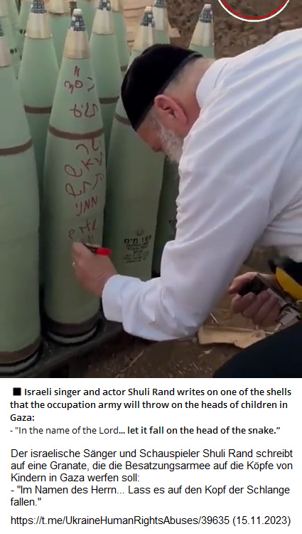 dann gibt es in diesem Nazisrael S�nger und K�nstler, die den Wunsch, pal�stinensische Kinder zu t�ten, sogar auf Raketen schreiben, das aufnehmen und als Video verbreiten: Shuli Rand