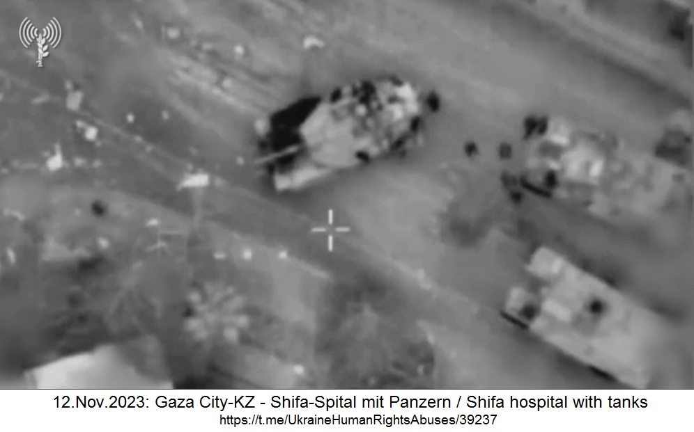Gaza City-KZ mit dem Shifa-Spital am
                12.Nov.2023: Die Panzerstellung der kriminellen
                Nazi-Zion-Armee vor dem Spital