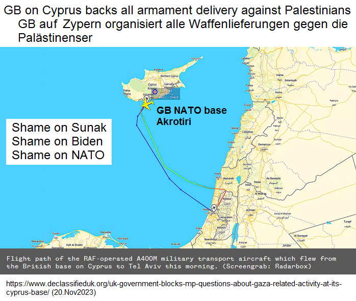 Map with Zyprus with the GB NATO
                  base of Akrotiri where all weapons from
                  "USA", GB, Australia etc. are sotred and
                  prepared for criminal Zionist Israel