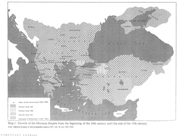 Encyclopaedia Judaica 1971: Ottoman
                            Empire, vol. 16, col. 1531-1532, map of the
                            Ottoman Empire of the 14th and 15th century
