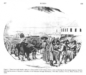 Encyclopaedia Judaica (1971): Russia,
                            vol. 14, col. 437-438, three Jews (with
                            beards, right) in a Tatar market in the
                            Crimea. From a series of drawings by the
                            Leipzig engraver, Geissler, depicting the
                            journey of the privy councilor of the
                            Palatinate [[Pfalz]] through Old Russia,
                            1794-1802