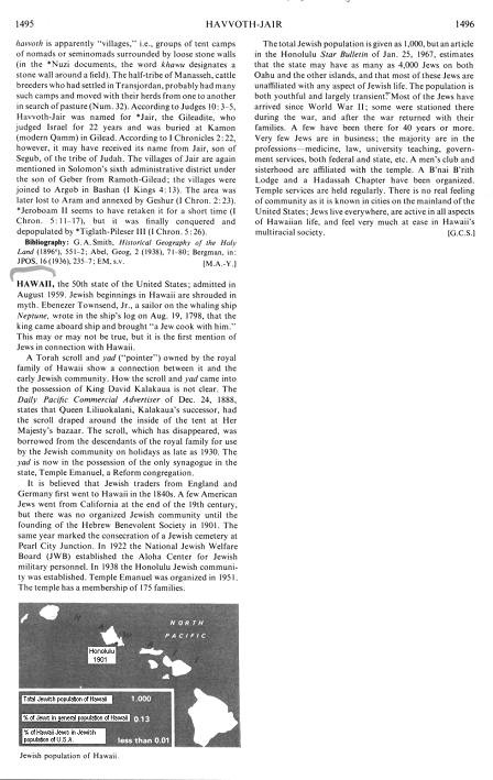 Encyclopaedia Judaica 1971: Hawaii, vol. 7,
                        col. 1495-1496