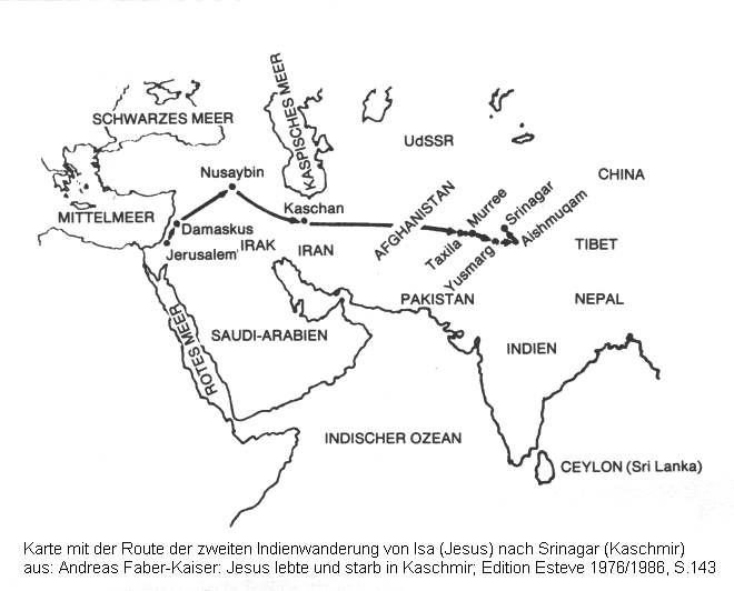 Karte
                      mit der Route der zweiten Indienwanderung von Isa
                      (Jesus) nach Srinagar (Kaschmir)