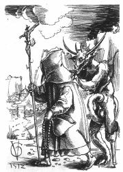 Zeichnung: Ein Fantasie-Teufel verfolgt einen
                    Fantasie-M�nch, 1512