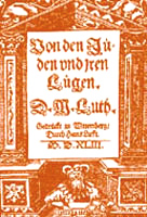 Luther
                    mit einer Fantasie-protestantischen Schrift
                    "Von den [Fantasie]-Juden und ihren
                    L�gen", Buchdeckel