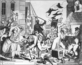 Cristianos de fantas�a difaman jud�os de
                        fantas�a - ejemplo pogromo Hep Hep en Francfort
                        en 1819, ilustraci�n