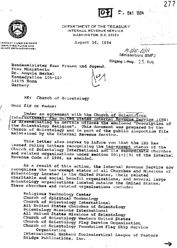 Brief
                      aus den "USA": Steuerfreiheit f�r
                      Scientology 1994