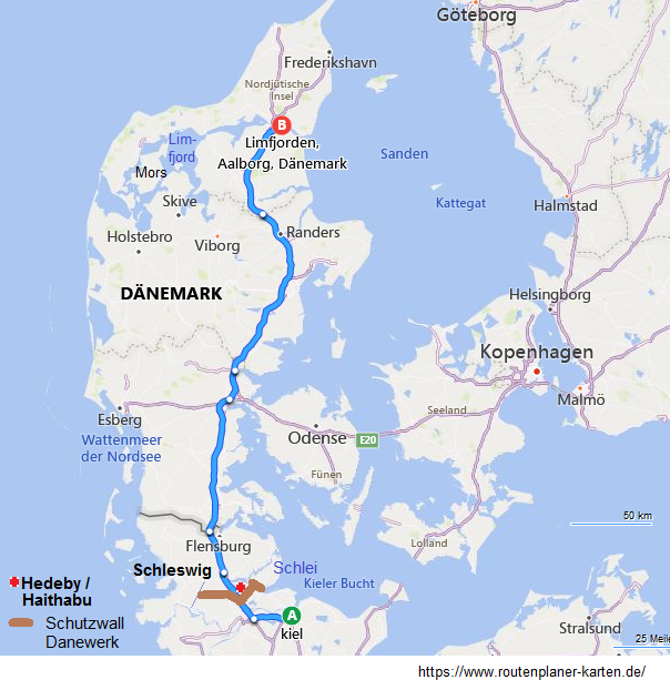 Karte von
                  Schleswig und D�nemark mit Haithabu, Danewerk,
                  Limfjord und Insel Mors