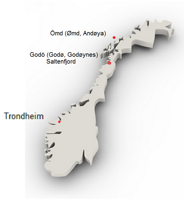 Karte von
                  Norwegen mit Trondheim, dem Saltenfjord und God�
                  (God�, God�ynes)