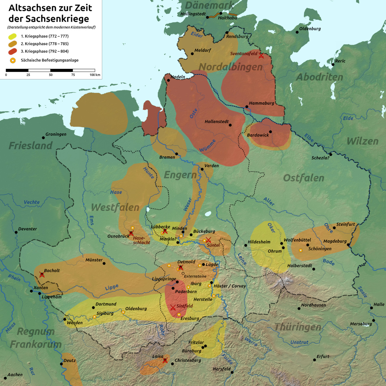 Karte von Altsachsen mit Invasionen
                    von kriminellen "Christen"-Heeren des
                    Vatikans
