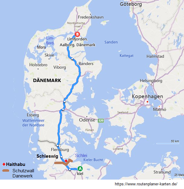 Karte von
                    D�nemark im S�den mit Haithabu, mit dem Schutzwall
                    "Danewerk", im Norden der Limfjord mit der
                    Insel Mors (Mors�)