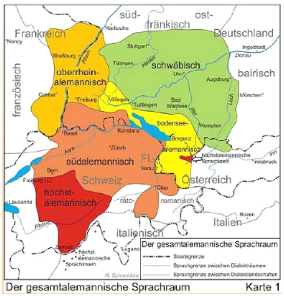 Map: Alemannic language area BW,
                    Alsace, Switzerland