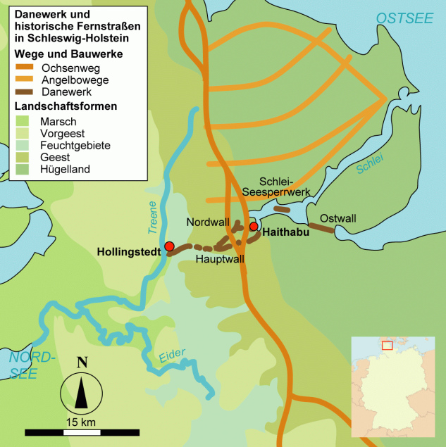 Karte von Schleswig mit Haithabu und
                    dem Danewerk