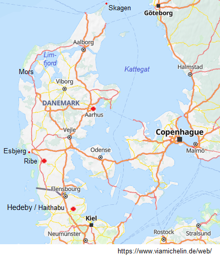 Map of Schleswig and Denmark with
                �arhus, Ribe and Haithabu