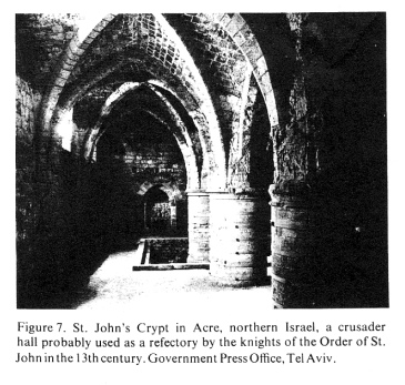 Encyclopaedia Judaica: Crusades, vol. 5,
                          col. 1143: St. John's Crypt in Acre, northern
                          Israel, a crusader hall probably used as a
                          refectory by teh knights of the Order of St.
                          John in the 13th century. Government Press
                          Office, Tel Aviv.