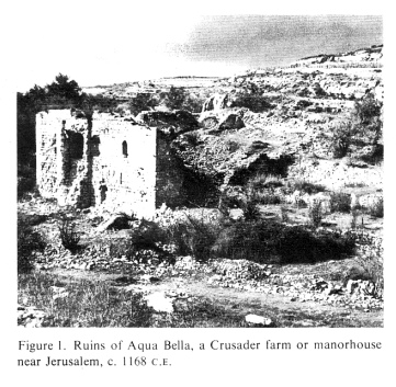 Encyclopaedia Judaica: Crusades, Band. 5,
                    Kolonne. 1136: Die Ruine von Aqua Bella, ein
                    Bauernhof oder Gutshaus der Kreuzfahrer bei
                    Jerusalem, um 1168 n.Chr.