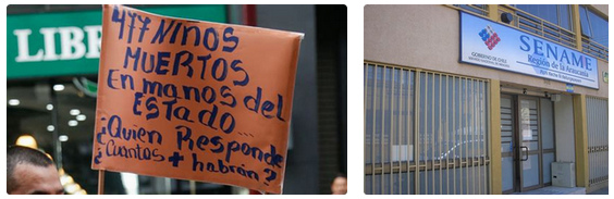 SENAME Chile mit 1313 toten Kindern in
                  katholischen Kinderheimen: Protesttransparent und
                  Logo