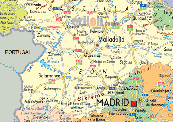 Karte mit
                            der Position von Tordesillas zwischen Madrid
                            und Valladolid