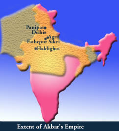 Karte mit
                            dem Mogul-Stammreich von Mogul-Kaiser Akbar
                            (gelb) und seine "Erweiterungen"
                            (braun)