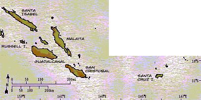 Karte
                            mit den Solomonen (links), rechts die
                            Santa-Cruz-Inseln