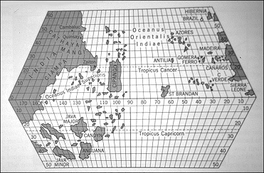 Weltkarte von
                        Toscanelli 1474 mit Zipangu, Cipango, Cipangu
                        als Japan