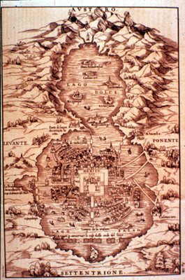 Tenochtitl�n, Darstellung 03 mit einem
                        grossen See und Bergketten
