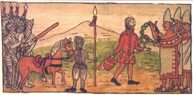 Darstellung der
                        Botschafter von Moctezuma, die an Cortez
                        Geschenke �bergeben, auf dem Land vor
                        Tenochtitl�n