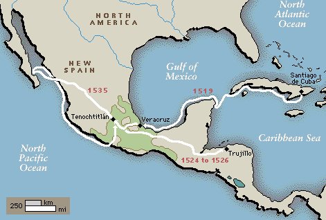 Map: Hernando Cort�s came with his
                          horses. Starting point is Santiago de Cuba (on
                          Cuba),not Havana. Landing location is near
                          Veracruz