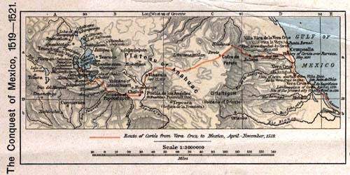 Map of
                              Mexico 1519-1521 with the route of Cort�s
                              to Tenochtitl�n with a relief of the
                              mountains
