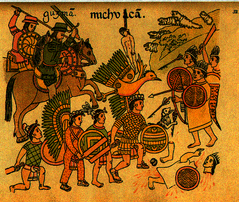Hernando Cort�s hunting natives with
                            shields, swords, horses and dogs