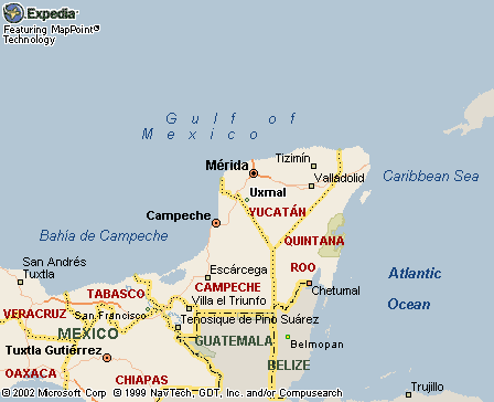 Karte von Yucatan mit
                      Uxmal, Merida, Campeche