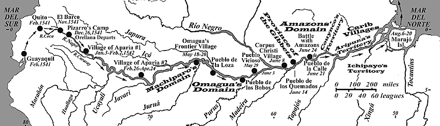 Map with the route of the
                                  expedition in 1544 under Orellana on
                                  Mara��n River and Amazon River