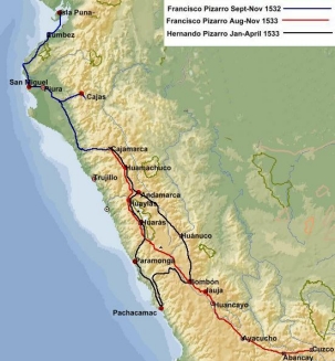Map of Peru with the invasion
                                routes of the "Christian"
                                conquerors Francisco and Hernando
                                Pizarro 1532 and 1533