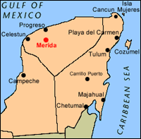 Yucatan Peninsula: Map with the
                            position of the town of Merida