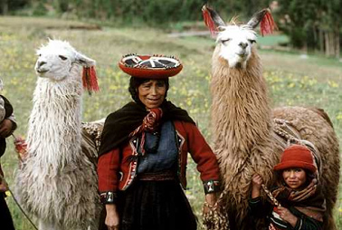 Peruanische Ureinwohner
                          (Indigenas) mit Lamas