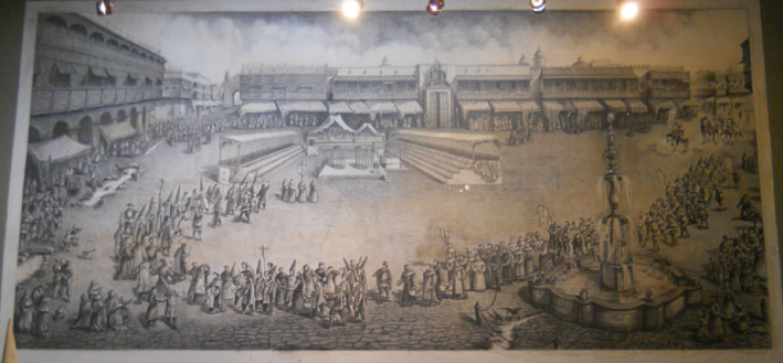 Darstellung eines historischen
                            Schauprozesses (autodaf�), wo viele
                            Kirchenmitglieder ihre Kreuze f�r einen
                            gewissen "Jesus" schwenken