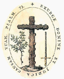 Das Wappen der spanischen Inquisition mit
                    Olivenzweig, Kreuz und Schwert, der Olivenzweig als
                    Symbol f�r Gnade, das Schwert als Symbol f�r
                    Bestrafung