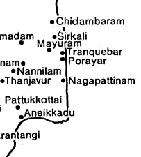 Karte mit der Position von Tranquebar an der
                    indischen Ostk�ste im heutigen Teilstaat Tamil Nadu