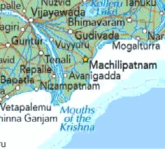 Karte mit der Position von
                    Masulipatam / Masulipatnam / Machilipatnam / Bandar
                    im Staat Andhra Pradesh an der M�ndung des Flusses
                    Krishna, Indien