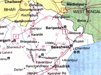 Karte mit den Positionen der St�dte von
                    Baleshwar / Baleswar / Balsore/ Balasore und
                    Baripada im Norden des Teilstaates Orissa