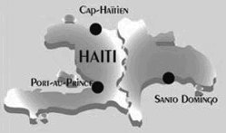 Die durch den sp�teren franz�sischen
                    Kolonialismus geteilte Insel mit dem franz�sischen
                    Ha�ti (links) und spanischen Santo Domingo /
                    Heiliger Sonntag (rechts)