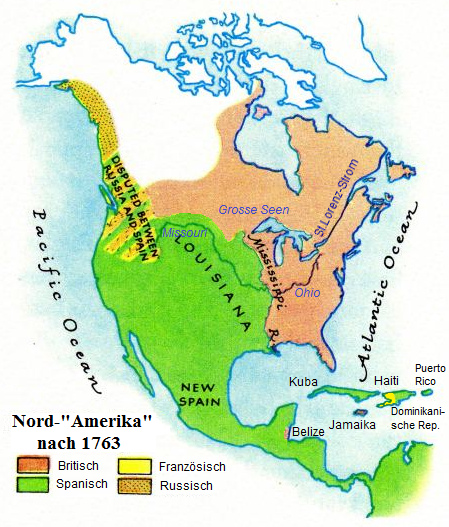 Karte
Nord-"Amerikas" mit
englischen, spanischen und russisch
besetzten Gebieten und französisch
besetzten Inseln Karte
Nord-"Amerikas" mit
englischen, spanischen und russisch
besetzten Gebieten und französisch
besetzten Inseln