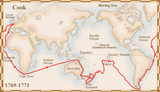 Karte der ersten Cook-Expedition nach
Tahiti, Neuseeland und Australien von
1769-1771 Karte der
ersten Cook-Expedition nach Tahiti,
Neuseeland und Australien von 1769-1771