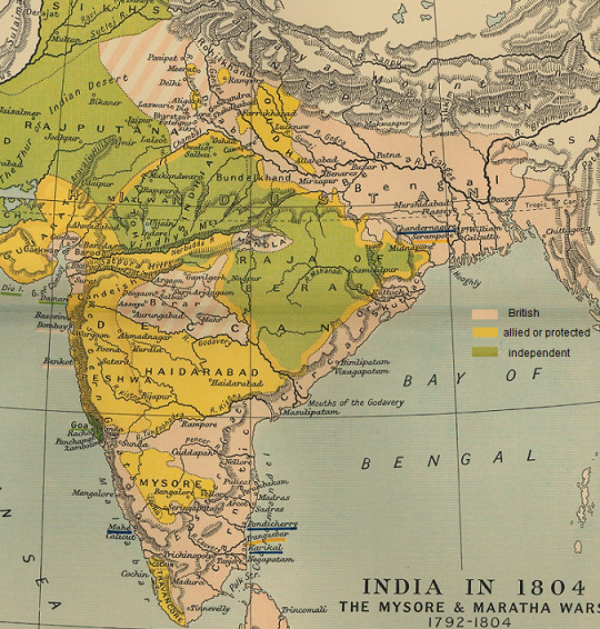 Karte
des indischen Subkontinents von 1804 mit
den weiteren englisch-rassistischen
Besetzungen unter Mornington (rot
gestreift) Karte des indischen Subkontinents von
1804 mit den weiteren
englisch-rassistischen Besetzungen unter
Mornington (rot gestreift)