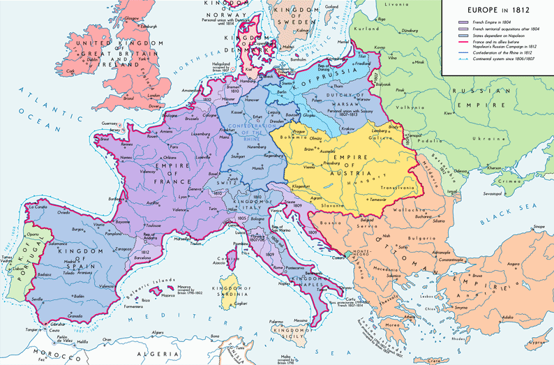 Karte
von Europa von 1812 mit dem französisch
besetzten Holland und Norddeutschland Karte von Europa
von 1812 mit dem französisch besetzten
Holland und Norddeutschland