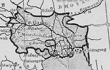 Map of English occupied Bengal
                                    of 1767 with Balasore (below), Dacca
                                    (middle), and Patna (left above)