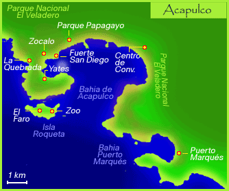 Karte mit der
                Bucht von Acapulco mit demHafen (Puerto Marqu�s)
