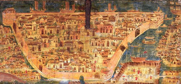 Manila im 17. Jahrhundert,
                �lmalerei auf einer Holztruhe von ca. 1640 bis 1650