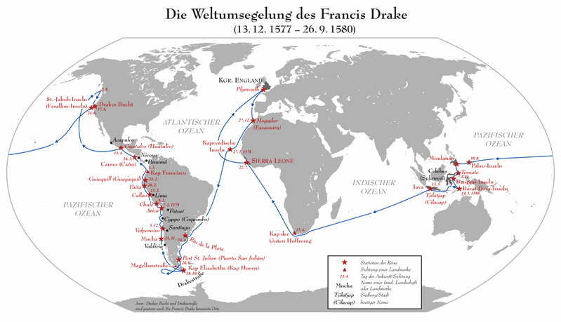 Karte mit der Route
                        des englischen Piraten Drake 1577-1580,
                        Ausraubung der s�d-"amerikanischen"
                        K�ste und Gew�rzhandel in S�dostasien