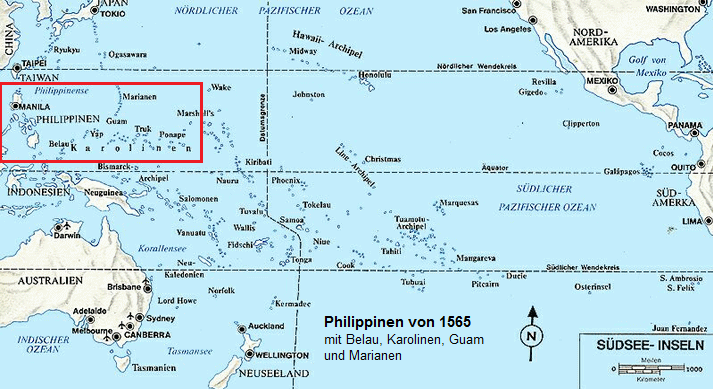 Karte der S�dsee mit den
              "Philippinen" von 1565 mit Palau / Belau, Guam,
              Marianen-Inseln und Karolinen-Inseln